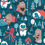Besties // blue background white Yeti brown Bigfoot blue pine trees red and coral details Coffee Mug Gallery Image 2