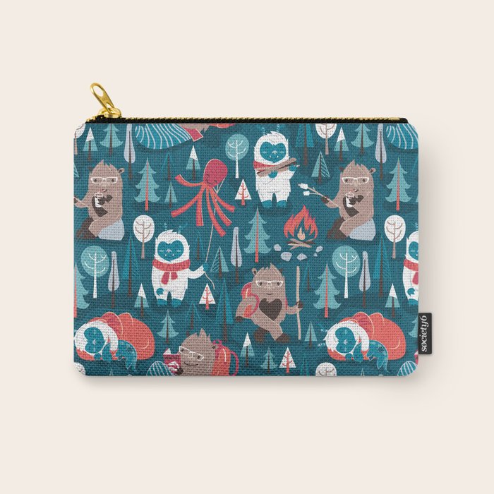 Besties // blue background white Yeti brown Bigfoot blue pine trees red and coral details Carry All Pouch Gallery Image 1