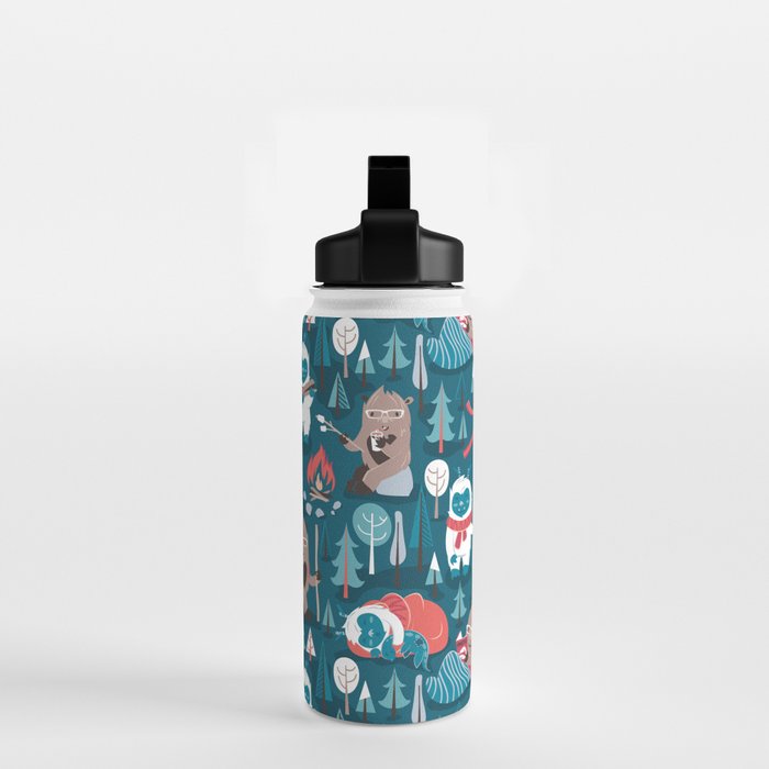 Besties // blue background white Yeti brown Bigfoot blue pine trees red and coral details Water Bottle Gallery Image 2