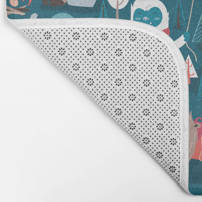 Besties // blue background white Yeti brown Bigfoot blue pine trees red and coral details Bath Mat Gallery Image 2