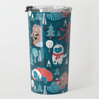 Besties // blue background white Yeti brown Bigfoot blue pine trees red and coral details Travel Mug Gallery Image 3