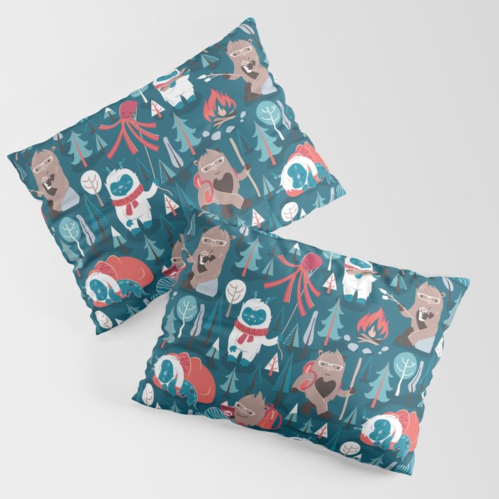 Besties // blue background white Yeti brown Bigfoot blue pine trees red and coral details Pillow Sham Gallery Image 3