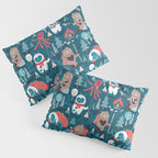 Besties // blue background white Yeti brown Bigfoot blue pine trees red and coral details Pillow Sham Gallery Image 3
