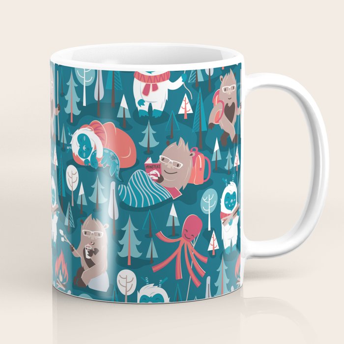 Besties // blue background white Yeti brown Bigfoot blue pine trees red and coral details Coffee Mug Gallery Image 1