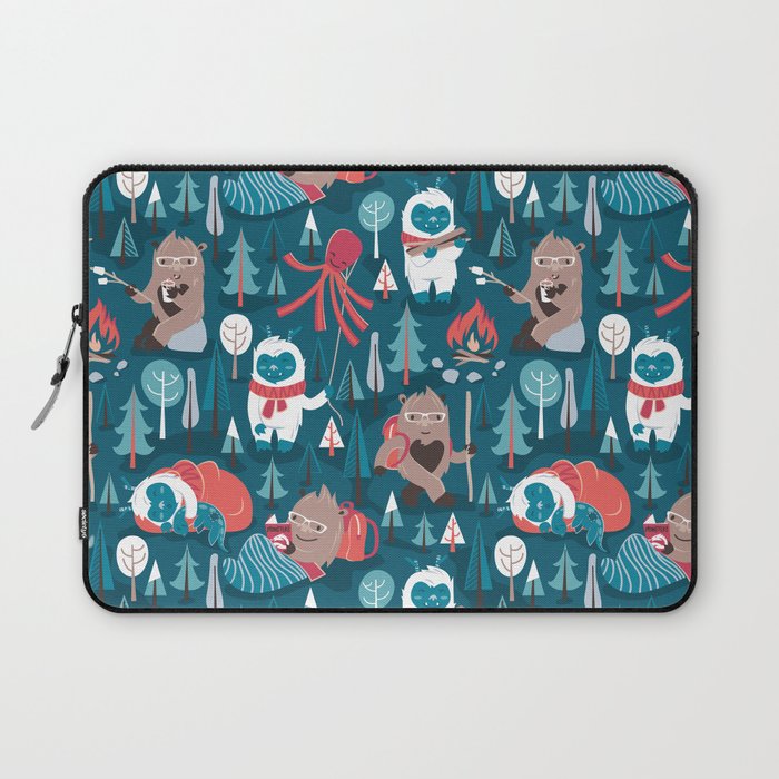 Besties // blue background white Yeti brown Bigfoot blue pine trees red and coral details Laptop Sleeve Gallery Image 1