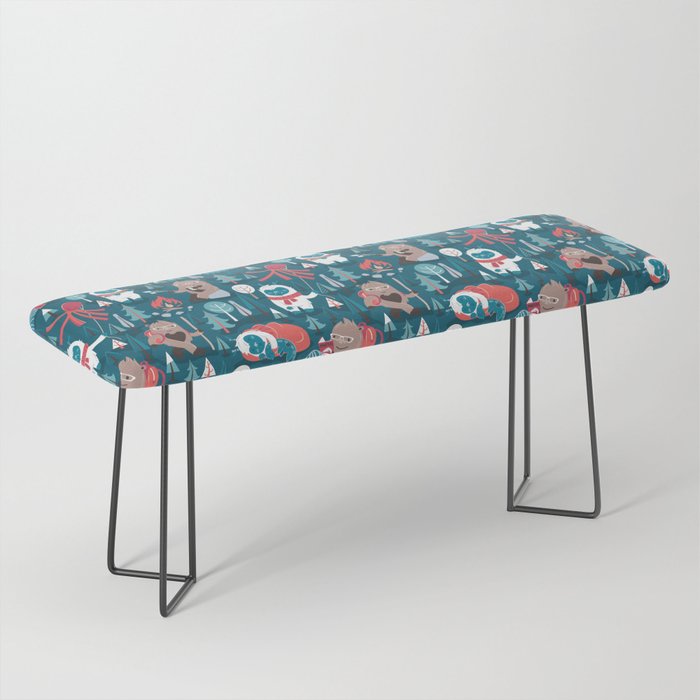 Besties // blue background white Yeti brown Bigfoot blue pine trees red and coral details Bench Gallery Image 1