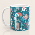 Besties // blue background white Yeti brown Bigfoot blue pine trees red and coral details Coffee Mug Gallery Image 3