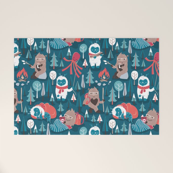 Besties // blue background white Yeti brown Bigfoot blue pine trees red and coral details Welcome Mat Gallery Image 1