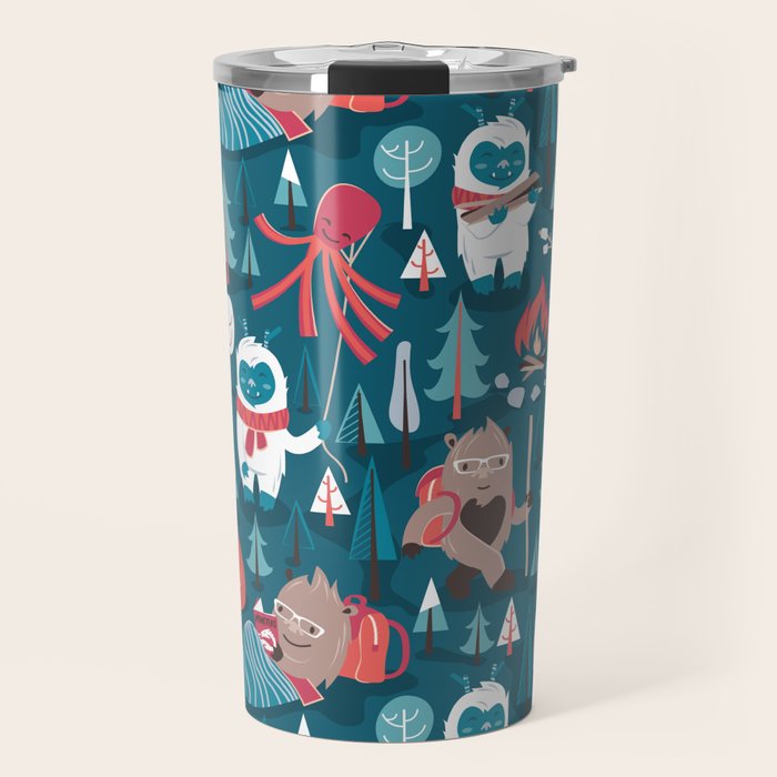 Besties // blue background white Yeti brown Bigfoot blue pine trees red and coral details Travel Mug Gallery Image 1