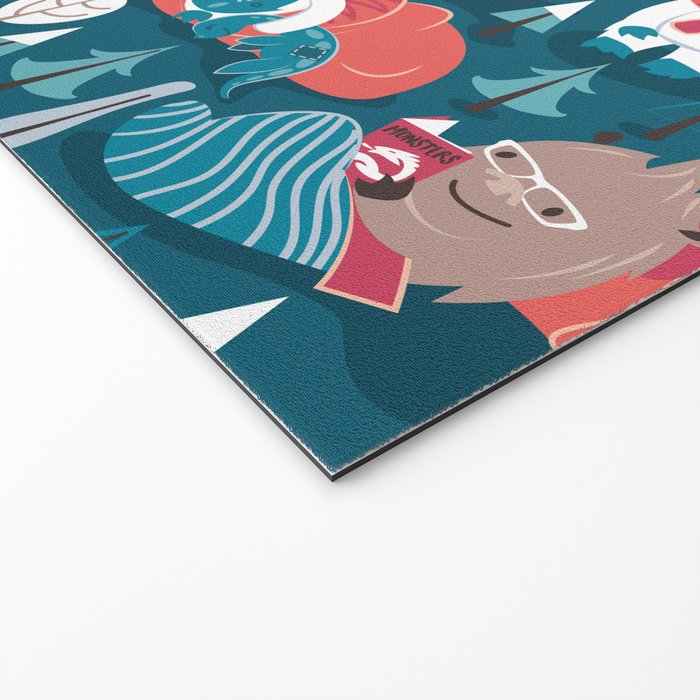 Besties // blue background white Yeti brown Bigfoot blue pine trees red and coral details Welcome Mat Gallery Image 2