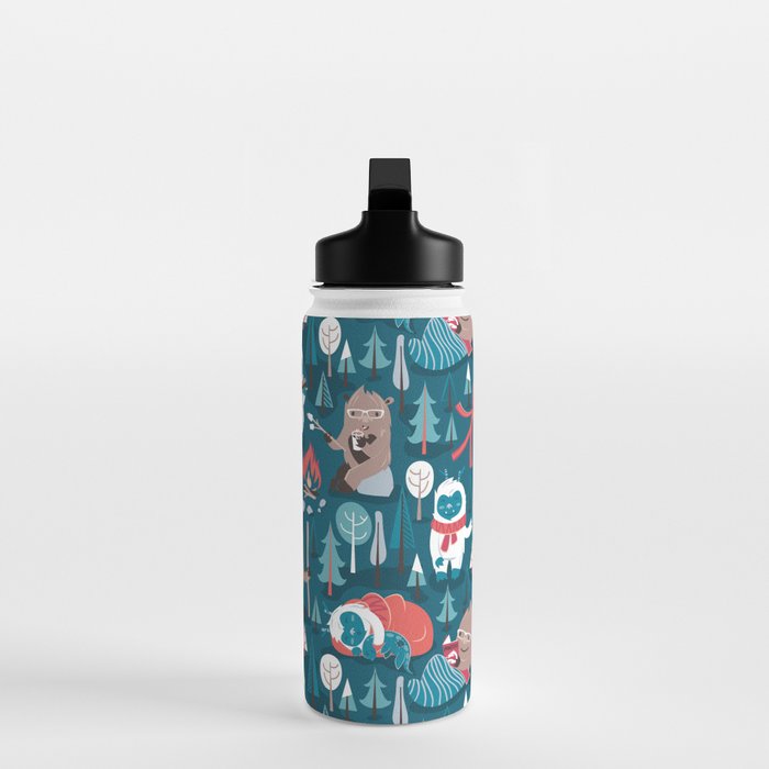 Besties // blue background white Yeti brown Bigfoot blue pine trees red and coral details Water Bottle Gallery Image 3