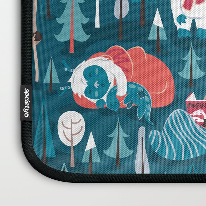 Besties // blue background white Yeti brown Bigfoot blue pine trees red and coral details Laptop Sleeve Gallery Image 3
