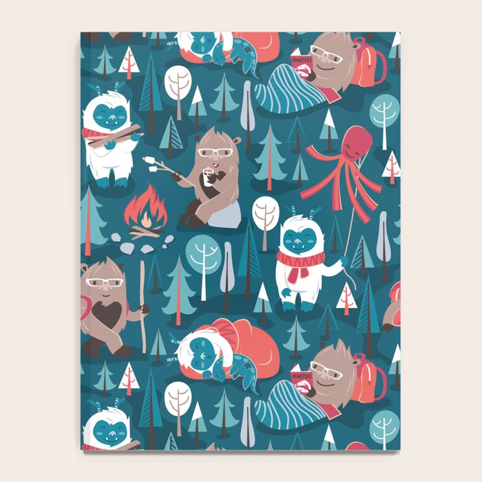 Besties // blue background white Yeti brown Bigfoot blue pine trees red and coral details Notebook Gallery Image 4