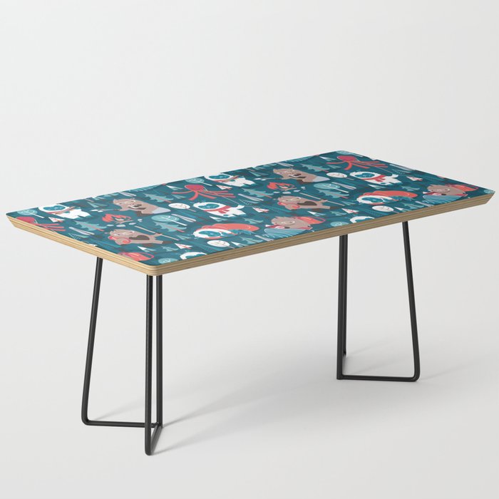Besties // blue background white Yeti brown Bigfoot blue pine trees red and coral details Coffee Table Gallery Image 1