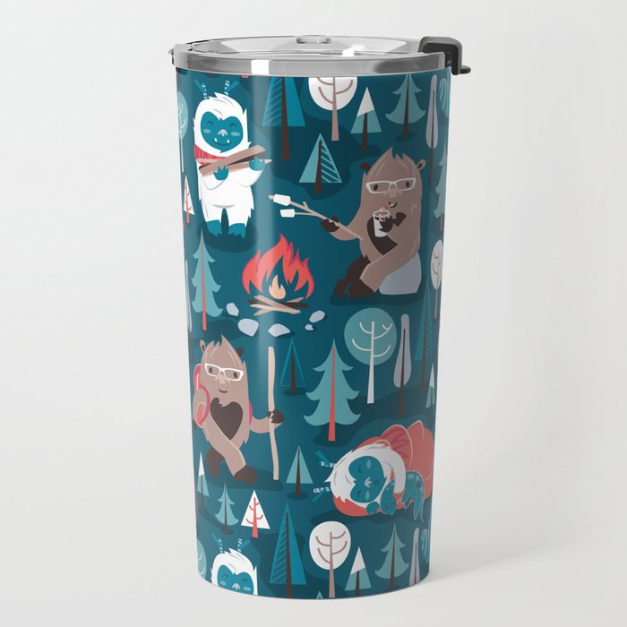 Besties // blue background white Yeti brown Bigfoot blue pine trees red and coral details Travel Mug Gallery Image 2