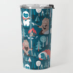 Besties // blue background white Yeti brown Bigfoot blue pine trees red and coral details Travel Mug Gallery Image 2