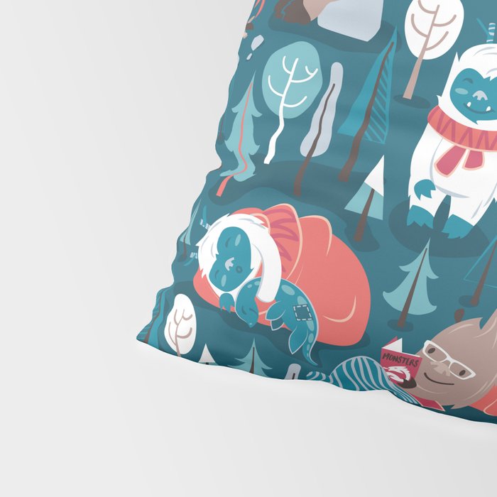 Besties // blue background white Yeti brown Bigfoot blue pine trees red and coral details Pillow Sham Gallery Image 4