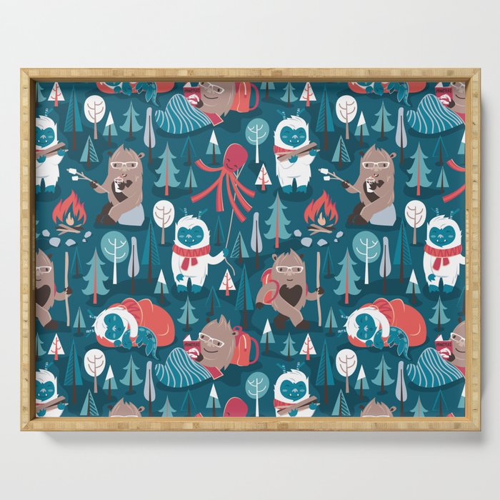 Besties // blue background white Yeti brown Bigfoot blue pine trees red and coral details Serving Tray Gallery Image 1