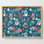 Besties // blue background white Yeti brown Bigfoot blue pine trees red and coral details Serving Tray Gallery Image 1