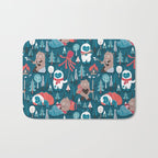 Besties // blue background white Yeti brown Bigfoot blue pine trees red and coral details Bath Mat Gallery Image 1