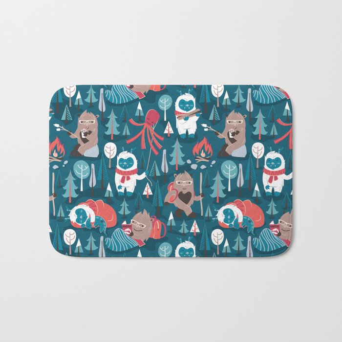 Besties // blue background white Yeti brown Bigfoot blue pine trees red and coral details Bath Mat Gallery Image 1