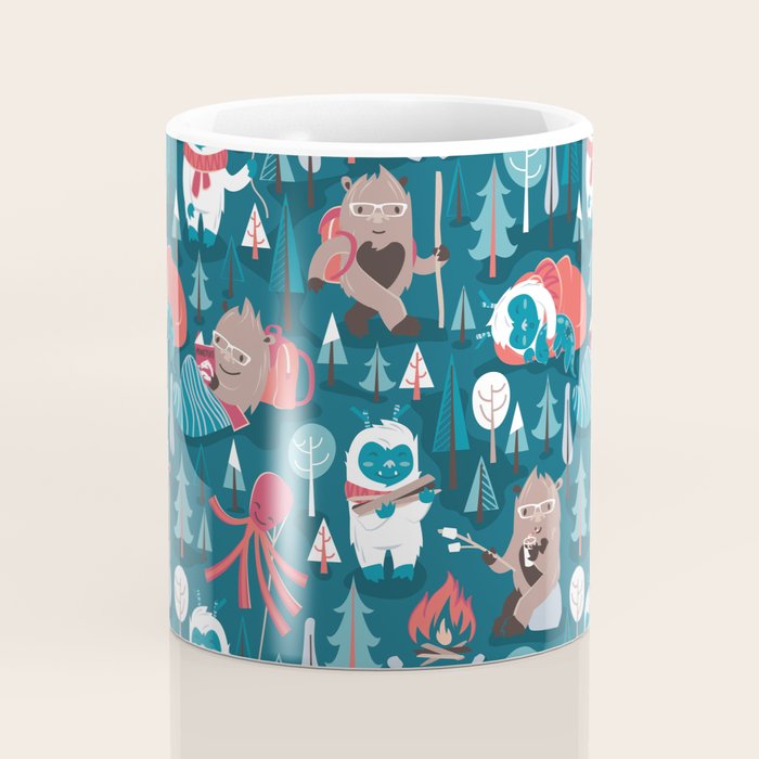 Besties // blue background white Yeti brown Bigfoot blue pine trees red and coral details Coffee Mug Gallery Image 4