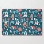 Besties // blue background white Yeti brown Bigfoot blue pine trees red and coral details Cutting Board Gallery Image 1