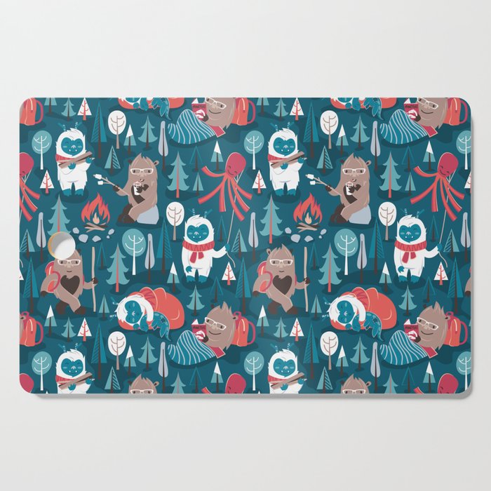 Besties // blue background white Yeti brown Bigfoot blue pine trees red and coral details Cutting Board Gallery Image 1