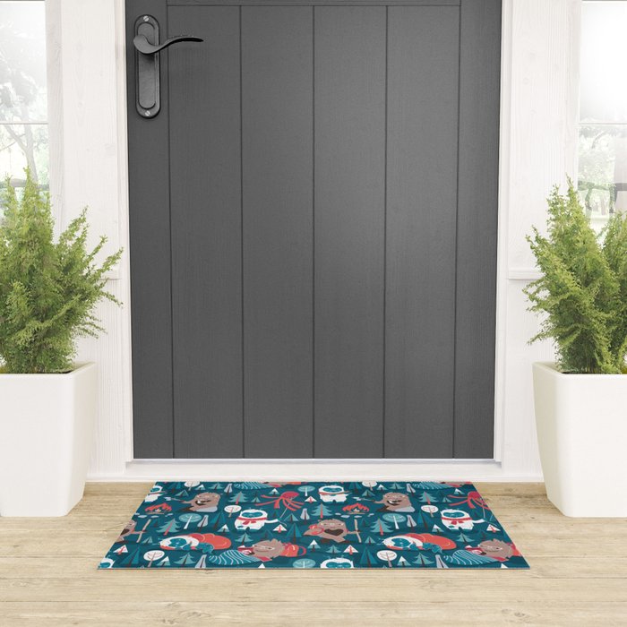 Besties // blue background white Yeti brown Bigfoot blue pine trees red and coral details Welcome Mat Gallery Image 3