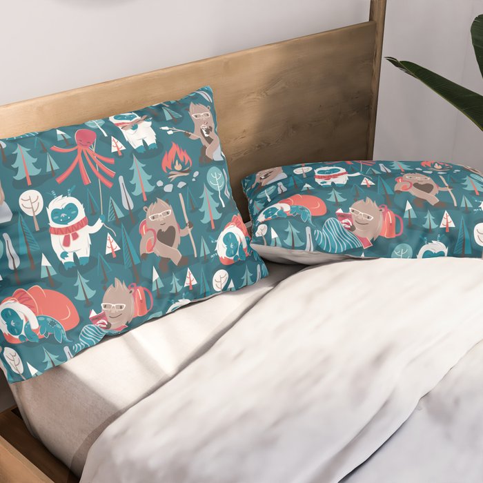 Besties // blue background white Yeti brown Bigfoot blue pine trees red and coral details Pillow Sham Gallery Image 2