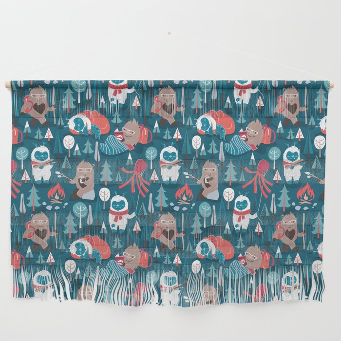 Besties // blue background white Yeti brown Bigfoot blue pine trees red and coral details Wall Hanging Gallery Image 1