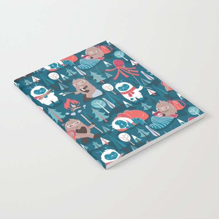 Besties // blue background white Yeti brown Bigfoot blue pine trees red and coral details Notebook Gallery Image 1