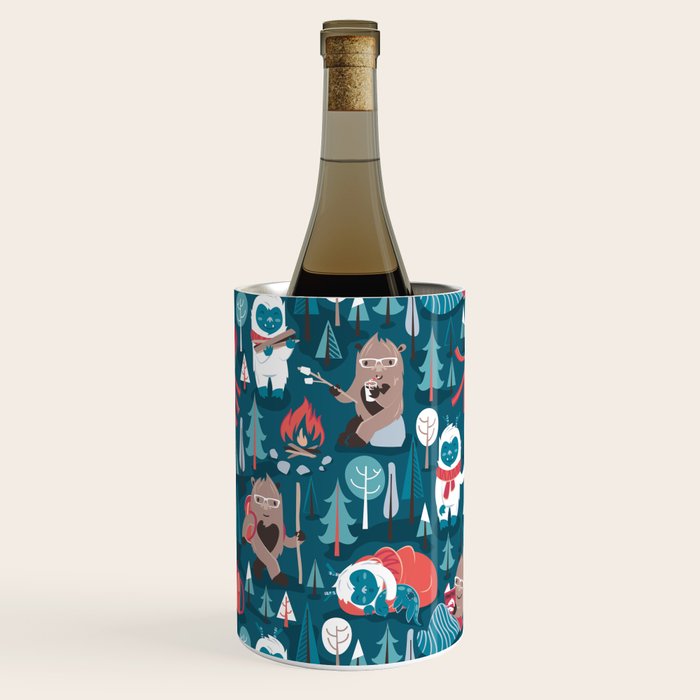 Besties // blue background white Yeti brown Bigfoot blue pine trees red and coral details Wine Chiller Gallery Image 2