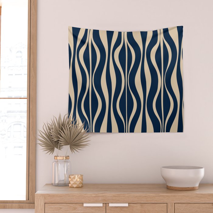 Mid Century Modern Hourglass Abstract Pattern in Navy Blue and Beige Wall Tapestry Gallery Image 2