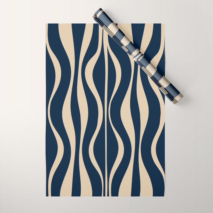 Mid Century Modern Hourglass Abstract Pattern in Navy Blue and Beige Wrapping Paper Gallery Image 1
