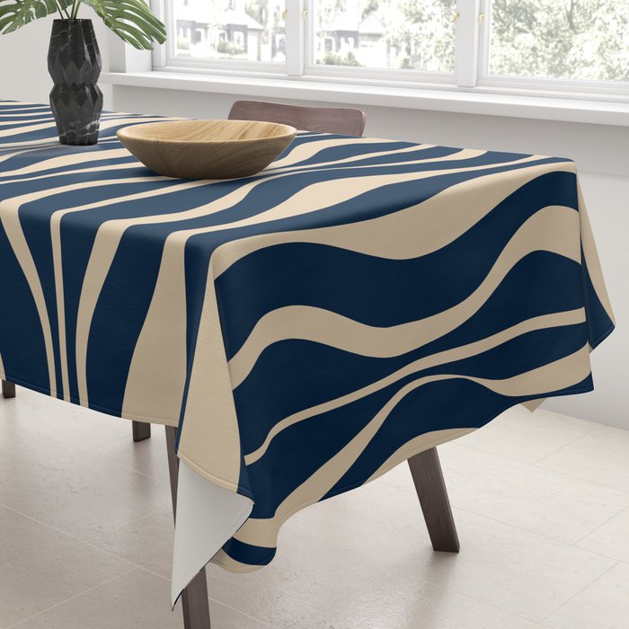 Mid Century Modern Hourglass Abstract Pattern in Navy Blue and Beige Tablecloth Gallery Image 3
