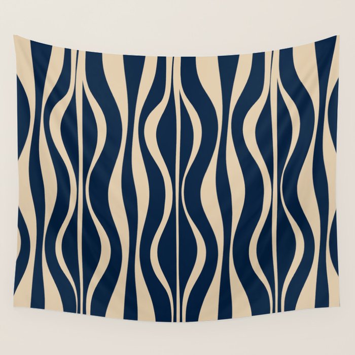 Mid Century Modern Hourglass Abstract Pattern in Navy Blue and Beige Wall Tapestry Gallery Image 4