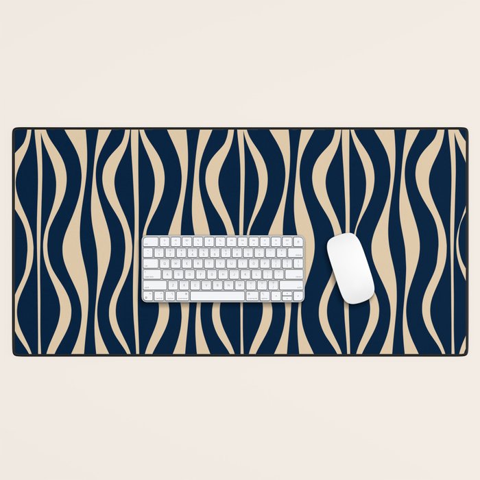Mid Century Modern Hourglass Abstract Pattern in Navy Blue and Beige Desk Mat Gallery Image 1