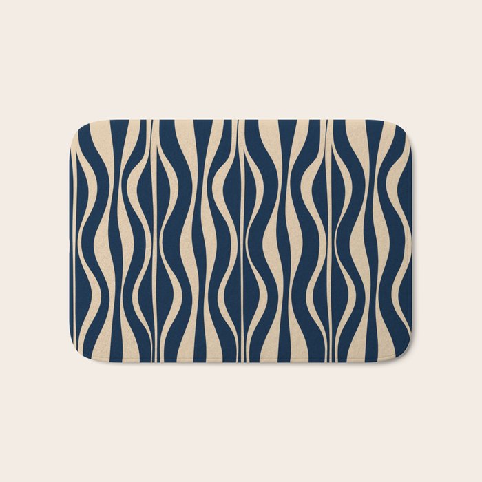 Mid Century Modern Hourglass Abstract Pattern in Navy Blue and Beige Bath Mat Gallery Image 1