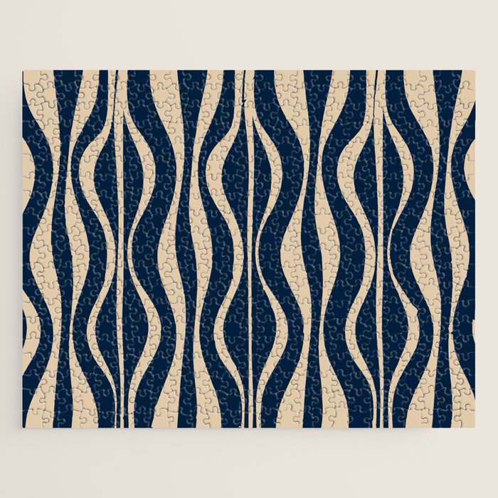 Mid Century Modern Hourglass Abstract Pattern in Navy Blue and Beige Jigsaw Puzzle Gallery Image 1