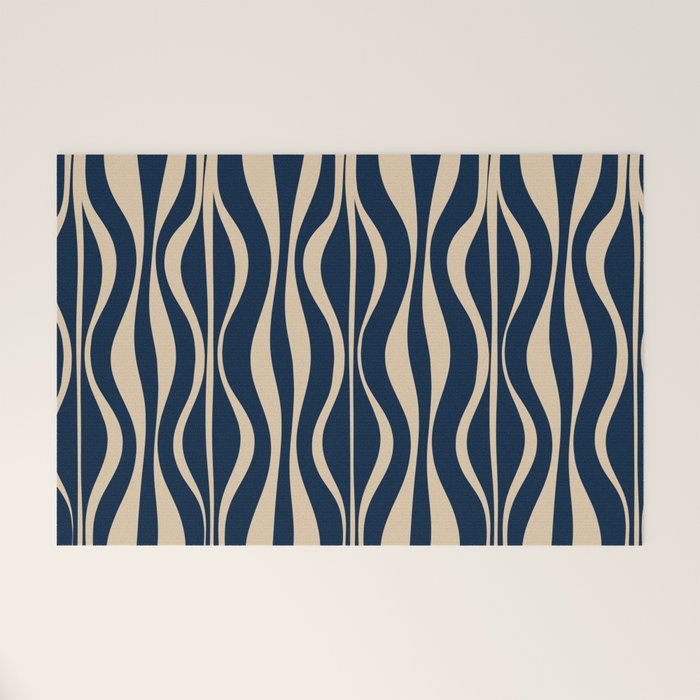 Mid Century Modern Hourglass Abstract Pattern in Navy Blue and Beige Welcome Mat Gallery Image 1