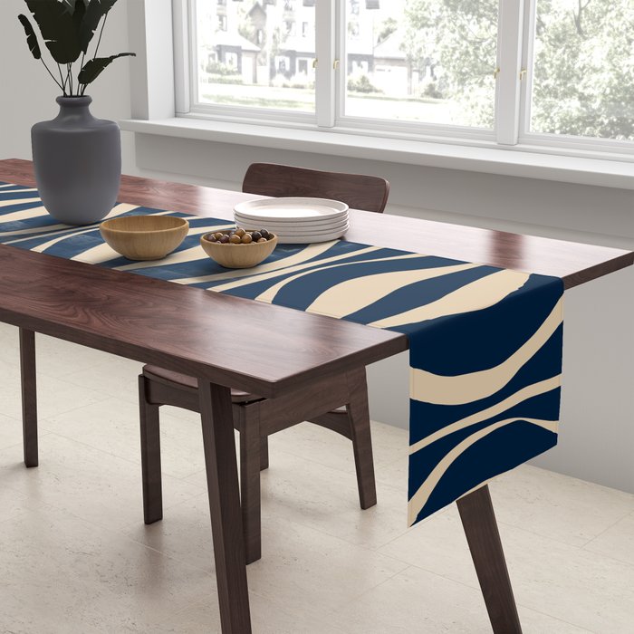 Mid Century Modern Hourglass Abstract Pattern in Navy Blue and Beige Table Runner Gallery Image 2