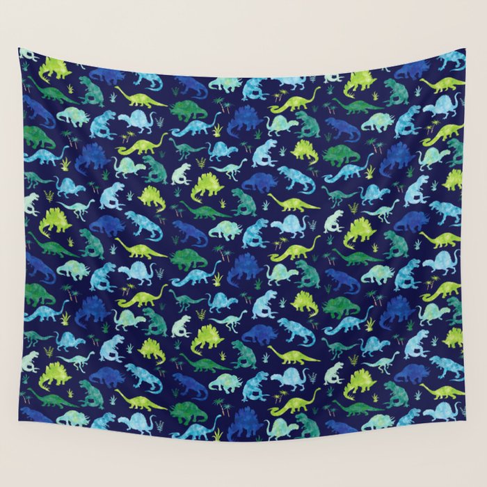 Watercolor Dinosaur Blue Green Dino Pattern Wall Tapestry Gallery Image 1