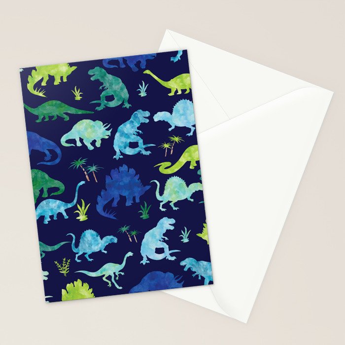 Watercolor Dinosaur Blue Green Dino Pattern Stationery Card Gallery Image 2