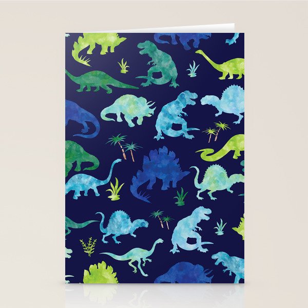 Watercolor Dinosaur Blue Green Dino Pattern Stationery Card Gallery Image 1