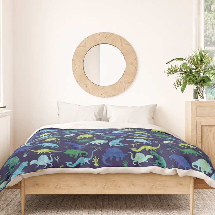 Watercolor Dinosaur Blue Green Dino Pattern Duvet Cover Gallery Image 3
