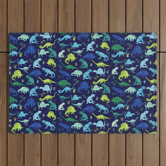 Watercolor Dinosaur Blue Green Dino Pattern Outdoor Rug Gallery Image 1