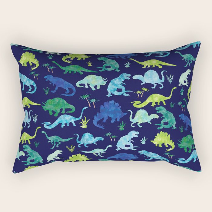 Watercolor Dinosaur Blue Green Dino Pattern Rectangular Pillow Gallery Image 1