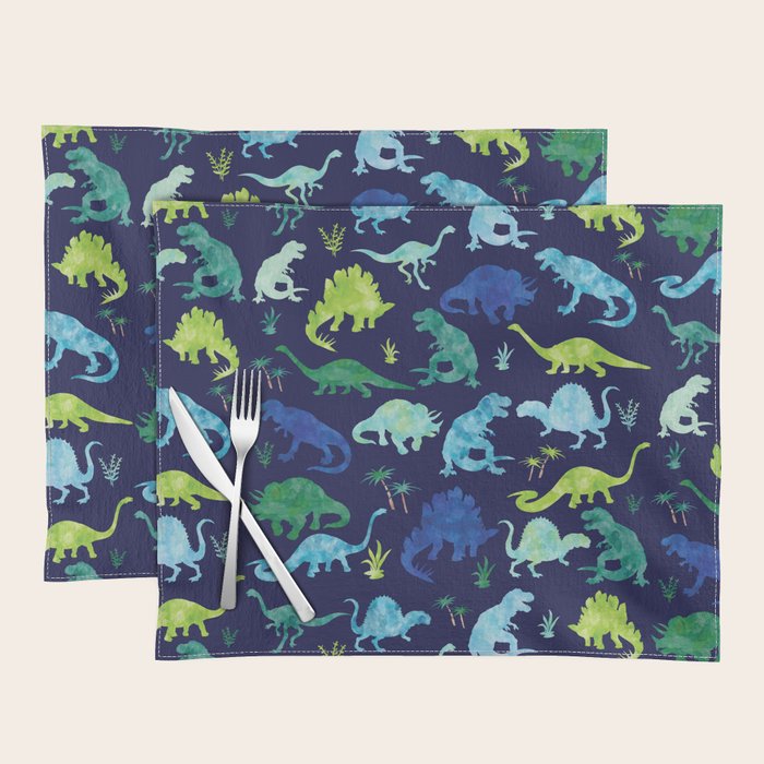 Watercolor Dinosaur Blue Green Dino Pattern Placemat Gallery Image 1