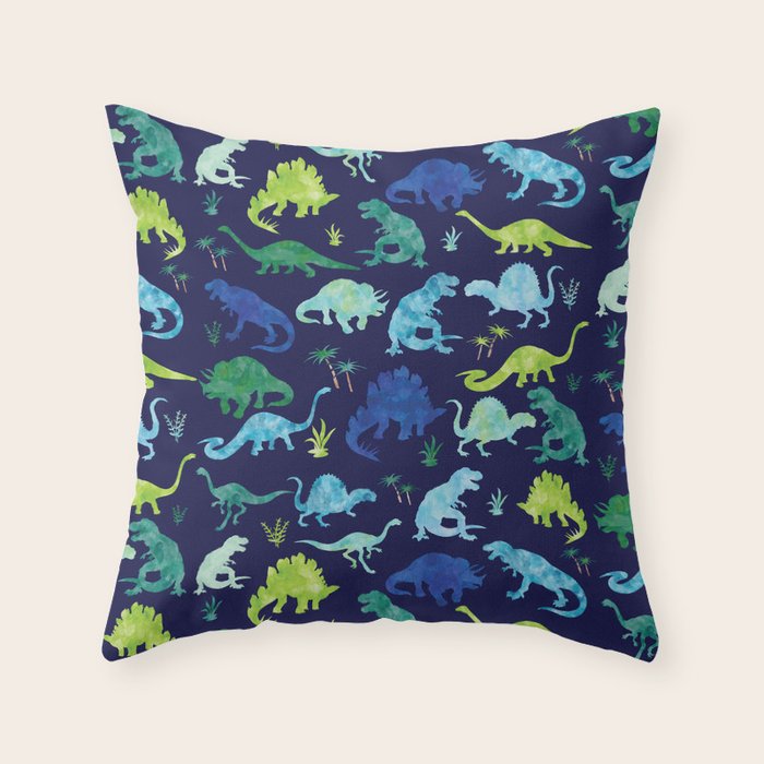 Watercolor Dinosaur Blue Green Dino Pattern Throw Pillow Gallery Image 6